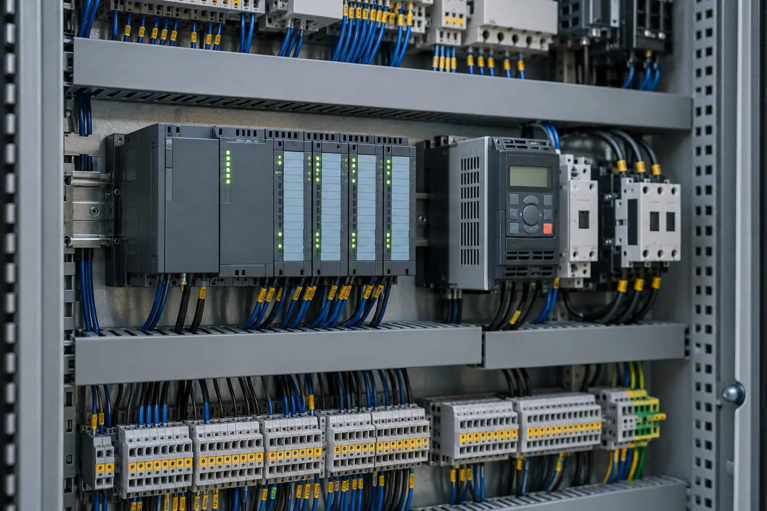 Imagen ilustrativa de automatización industrial: PLC, variador de frecuencia y tablero de control